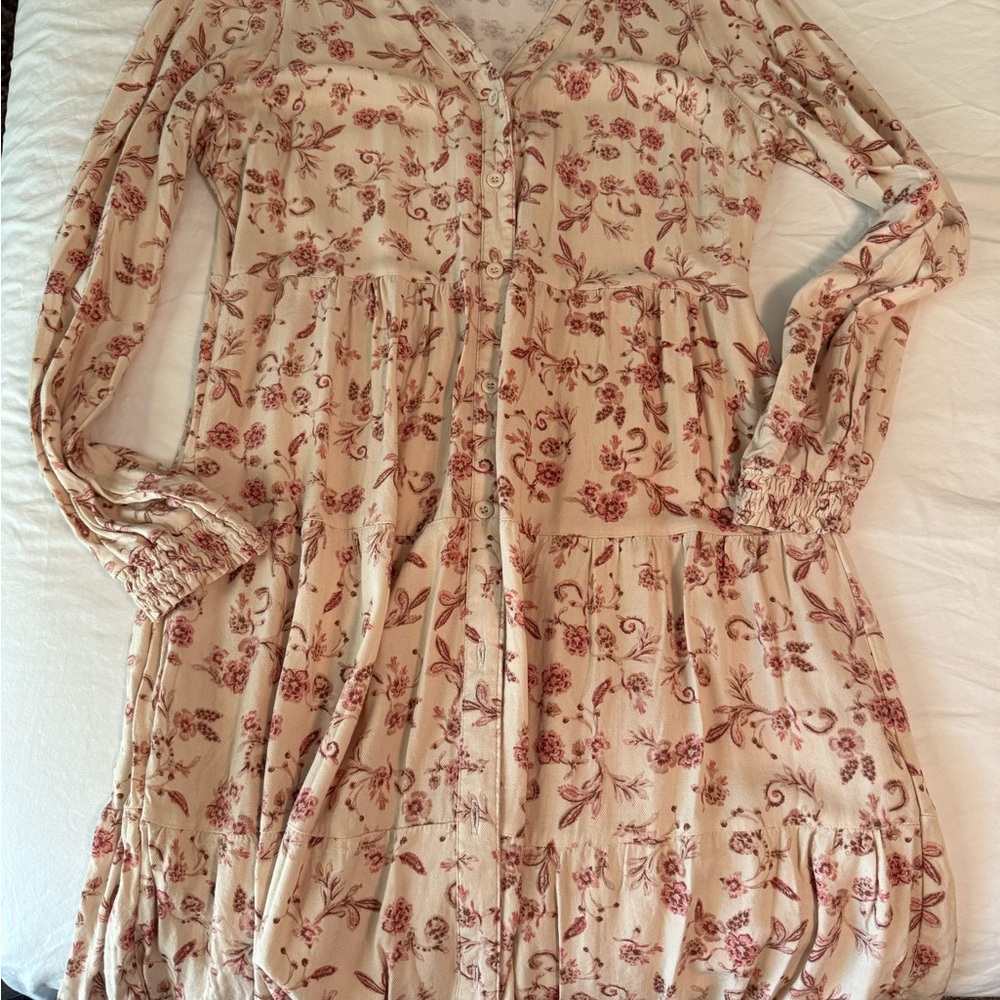 Lucky Brand Cream Long-Sleeve Floral Tiered Dress with Burgundy Print